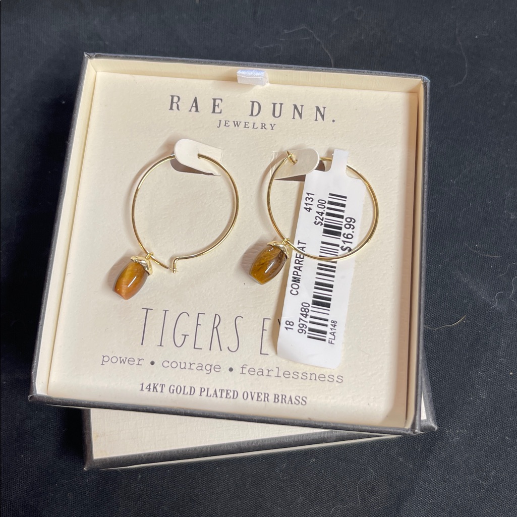 Rae Dunn Tiger Eye 14kt Gold Plated Over Brass Pierced Earrings P 18$